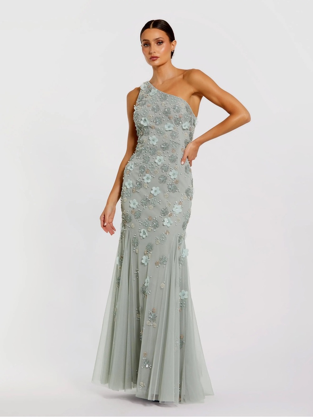 Mac Duggal One-Shoulder Sage Green Floral Appliqué Gown